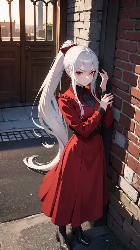 A anime mature woman with long ponytail silver,she is a vampire,she had a red eye,she wearing a red dress,she folded his arms and looked at the camera with an annoyed expression,scenery is at medieval kitchen behind her