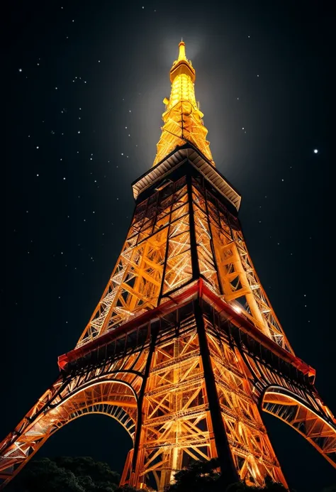 ((Tokyo Tower)) Looking up from directly below, Cinematic lighting, ((Night with moonlight and stars)), Core Low Key, Highest quality, Super Resolution, Hyperrealism, Sharpness