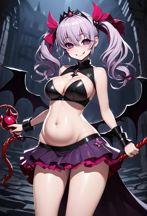 Cure Happy, Twin tails, Devil Wing Hair Ornament, skirt, tiara, Wrist cuff, Dark purple shorts, shorts under skirt, boots, , Hollow Eyes, Half-closed eyes, Wicked Smile, Crazy Smile, One girl, Dark Magical Girl,Evil Fallen Magical Girl,Highest quality,Skim...