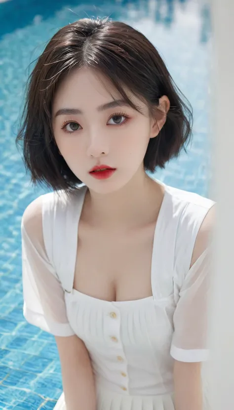 (Surrealism), (illustration), (high resolution), (8K), (Extremely detailed), (best illustration), (美丽而精致的Eye), (best quality), (Very detailed), (masterpiece), ( wallpaper), (Delicate face), solitary, 1 girl, White curly hair, Korean, Heterochromic Eyes, Ey...