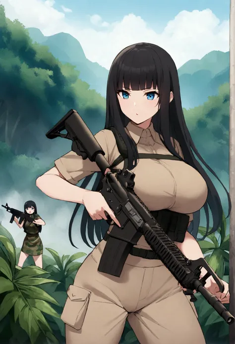 Hime cut with long black hair、Has straight bangs and blue eyes、A girl with big breasts wears camouflage in the jungle。She carries an M4 carbine rifle、Taking a firing stance。The background features a lush jungle landscape.。No dialogue