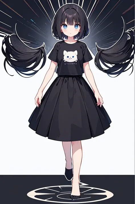 full body ,dynamic standing ,(เหมือนจริง:1.37)、1girl, solo, blue eyes, (detailed eyes), flat chest, short hair, black hair, ((bl...