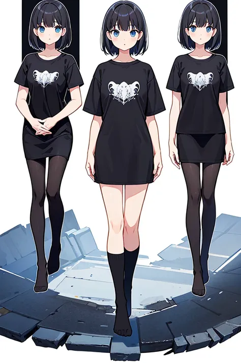 Full body ,dynamic Standing ,(เหมือนจริง:1.37)、1girl, solo, blue eyes, (detailed eyes), flat chest, short hair, black hair, ((black t-shirt)), simple t-shirt, black skirt, black socks, standing, upper body, (white background), Transparent background, looki...