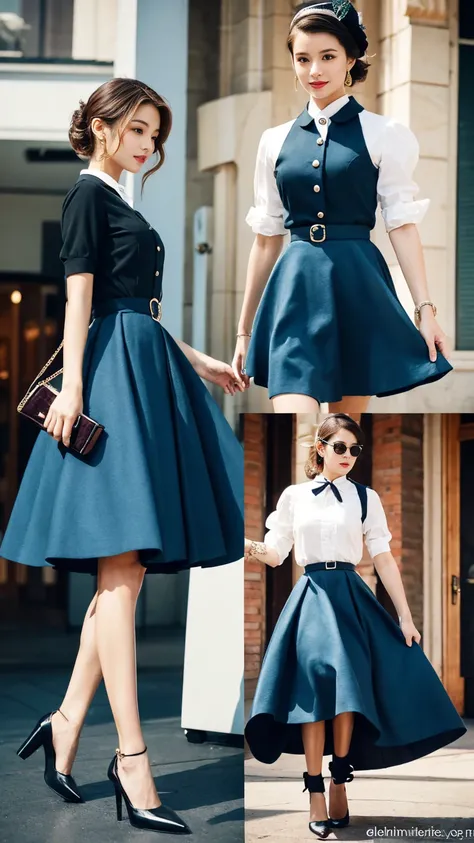 The fashion style of the 50s was characterized by elegance and conservatism.，The most fashionable outfits include：

A-line skirt：A-line skirt是50年代女性的标志性单品，It cinches at the waist，The skirt flares outwards，Elegant and suitable for all body types。