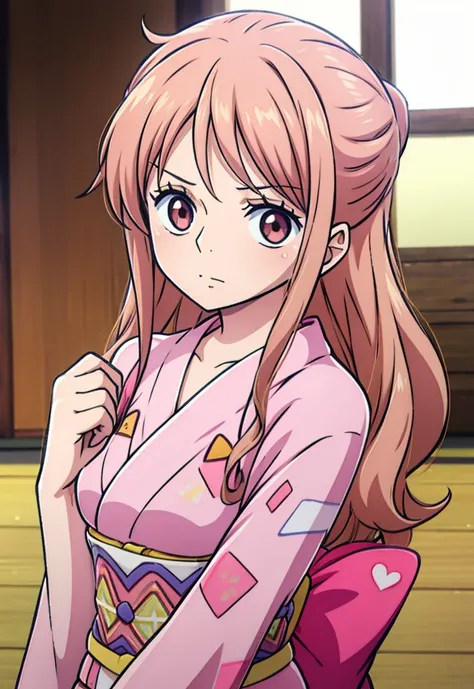 Girl with long brown hair, pink eyes, pink kimono and pink katana 