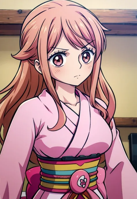 Girl with long brown hair, pink eyes, pink kimono and pink katana 