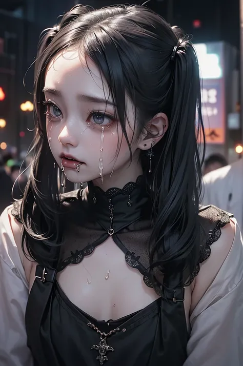 Highest quality, masterpiece, look up, cute,(Horror),(((Beautiful masochist girl))),(((Drooling))),(((Tears flowing))),((Drool flowing from the mouth)),((Covered in semen)),(Sexy),(sexy),((Small breasts)),Baby Face,(Middle school students),Black Hair,Twin ...