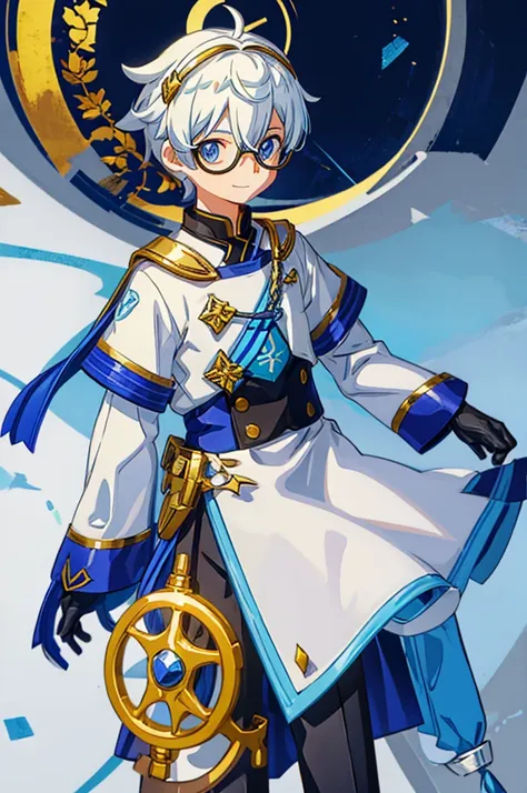 A boy with striking white hair、Golden armor、Siamese、Smile、Mechanical blue glasses and clothing、Government service staff，Center the character，Complete body，Background white