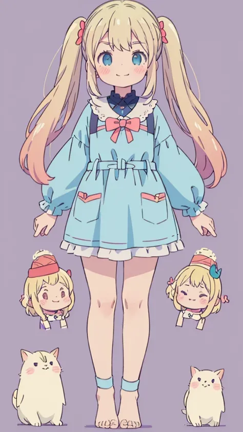 ((masterpiece))((Highest quality))girl、Smirk、blush、Flat Chest、Are thin、Blonde Hair、blush、Are standing、Whole body image、Eye level to the feet、front、No background、真frontのアングル、Blue clothes、Hair is two colors、Twin tails、Red Alice outfit