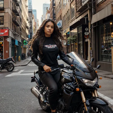 Beautiful brown woman, riding a Suzuki gsx-1000 motorcycle, wavy hair loose in the wind, New York city street background.