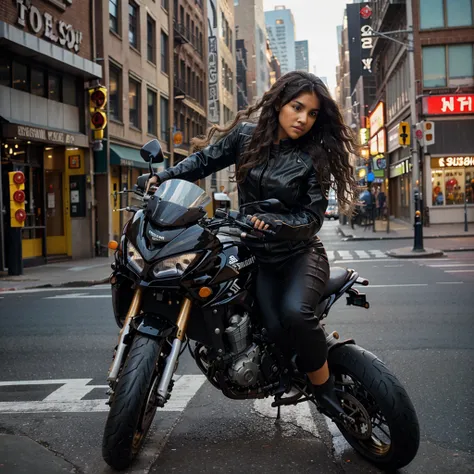 Beautiful brown woman, riding a Suzuki gsx-1000 motorcycle, wavy hair loose in the wind, New York city street background.