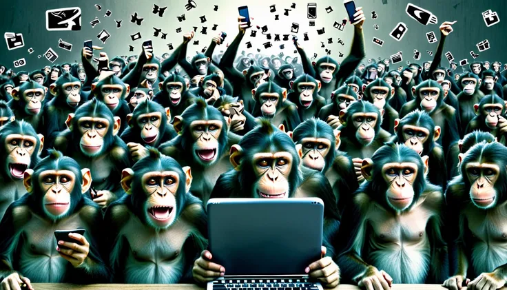 Create an illustration depicting a swarm of monkeys using social media to cyberbully. Draw a group of monkeys with smart phones, tablets, or smartphones typing furiously or posting negative comments. Some of the monkeys should have angry or malicious expre...