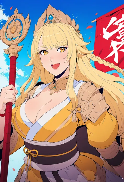 girl, flowing blond hair, yellow eyes, golden imperial clothes, neckline, japanese cartoons, clear sky in the background