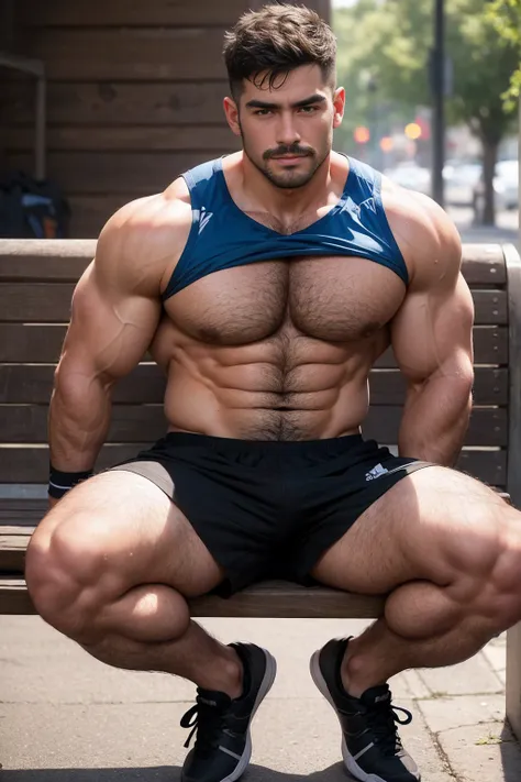 smile, short hair, black hair, brown hair, black hair, sitting, male focus, multiple , shoes, shorts, arms, wristband, sneakers, sportswear, bench, , chest hair, , navel hair, leg hair, , hairy, （Chest hair：1.8） ！ High detail 8K)! ((Realistically)), ! 186 ...