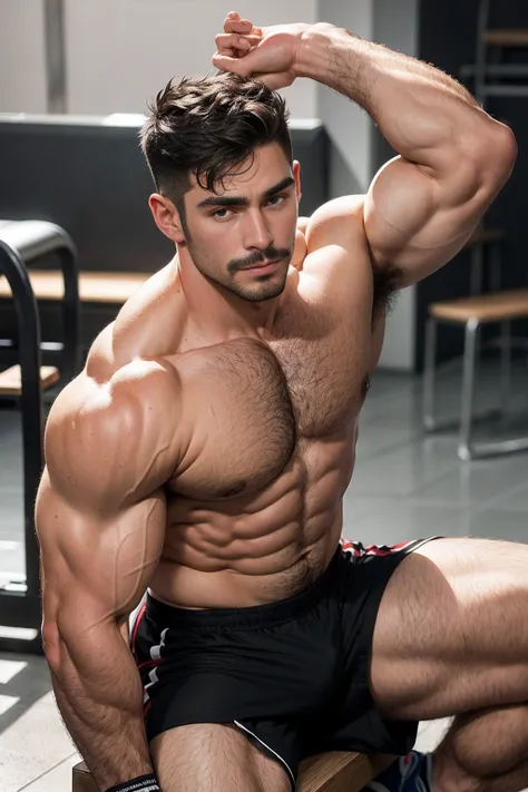 smile, short hair, black hair, brown hair, black hair, sitting, male focus, multiple , shoes, shorts, arms, wristband, sneakers, sportswear, bench, , chest hair, , navel hair, leg hair, , hairy, （Chest hair：1.8） ！ High detail 8K)! ((Realistically)), ! 186 ...