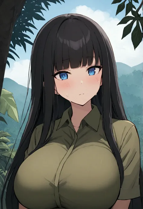 Hime cut with long black hair、Has straight bangs and blue eyes、A girl with big breasts wears camouflage in the jungle。Sweating。The background features a lush jungle landscape.。No dialogue