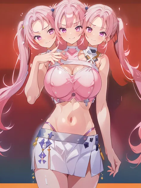 (masterpiece, best quality), best resolution, (3heads:1.5), 1girl, pink hair, twintails, smug, open belly, white crop top, white miniskirt, open breasts, very huge tits, 
