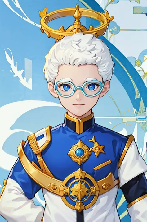 A boy with striking white hair、Golden armor、Siamese、Smile、Mechanical blue glasses and clothing、Government service staff，Center the character，Complete body，Background white