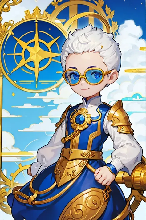 A boy with striking white hair、Golden armor、Siamese、Smile、Mechanical blue glasses and clothing、Government service staff，Center the character，Complete body，Background white