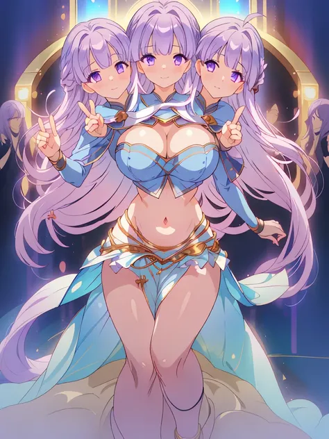 (masterpiece, best quality), best resolution, (3heads:1.5), 1girl, FESophia, light purple hair, flowing hair, smiling, soft smile, open belly, light blue crop top, light blue miniskirt, open breasts, huge tits, sexy pose, beautiful eyes, headband, blue eye...