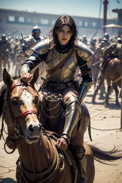 young man,put on warrior armor, long golden hair, holding a knight sword, Riding a white horse, he charged into the enemy army., His eyes were filled with determination., optimistic, adventurous, cinematic lighting, dramatic skies, detailed facial features...