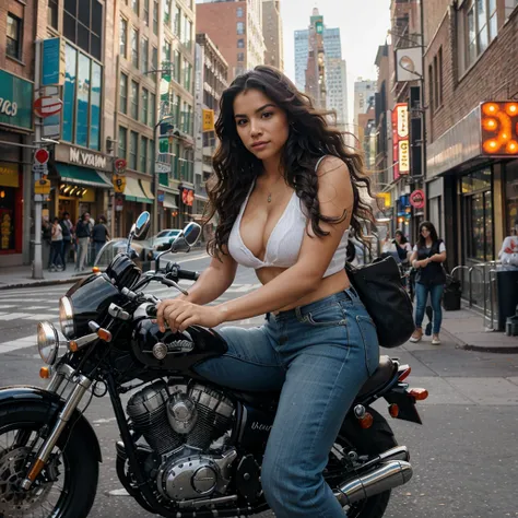 Beautiful mexican woman, riding a big motorcycle, wavy hair loose in the wind, New York city street background.