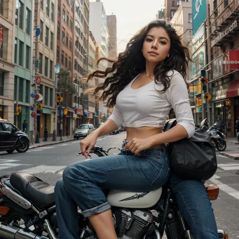 Beautiful mexican woman, riding a big motorcycle, wavy hair loose in the wind, New York city street background.