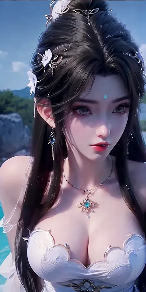 very beautiful Korean girl, rosy cheeks, thick eyebrows, curly eyelashes, shiny lips, makeup,  white skin, long hair, perfect round breasts, bare shoulders, earing, sky blue hair,