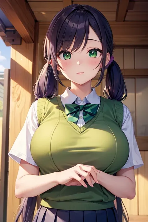 nozomitoujou, nozomi toujou, (green eyes:1.5), purple hair, twintails, low twintails, scrunchie, long hair, (large breast:1.2),
BREAK otonokizaka , pleated skirt, , short sleeves, skirt, summer uniform, sweater vest, yellow sweater vest,
BREAK looking at v...