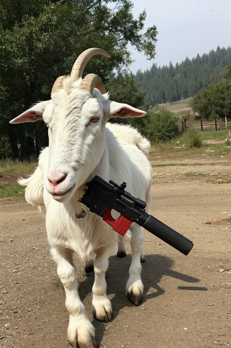 Evil white goat with a gun