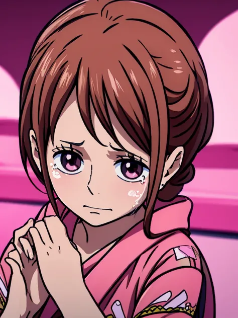 6 year old  with brown hair, crying, pink kimono and pink eyes