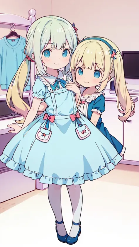 ((masterpiece))((Highest quality))girl、Smirk、blush、Flat Chest、Are thin、Blonde Hair、blush、Are standing、Whole body image、Eye level to the feet、front、No background、真frontのアングル、Blue clothes、Hair is two colors、Twin tails、Red Alice outfit