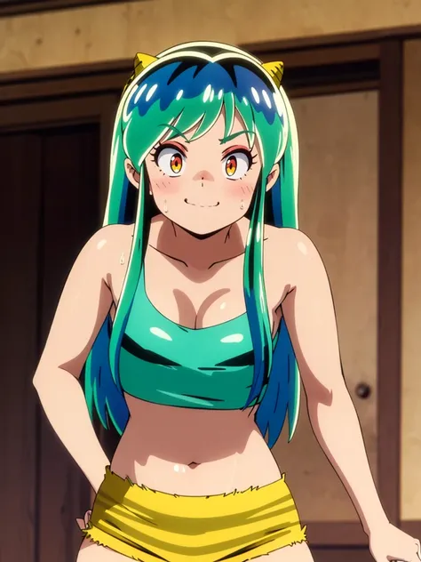 masterpiece, highest quality, 1 girl, lum, tank top, hot pants, sweating, wiping away sweat,anime, from before, blush, embarrass...