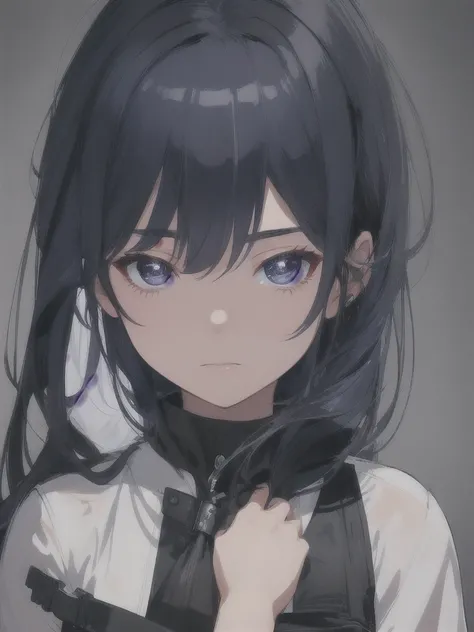 masterpiece, best quality, ultra-detailed, illustration, close-up, straight on, emotionless face, female, dark blue hair, black eyes, long hair, wearing a detective suit, a 22 years old girl, blank background, hide hands.