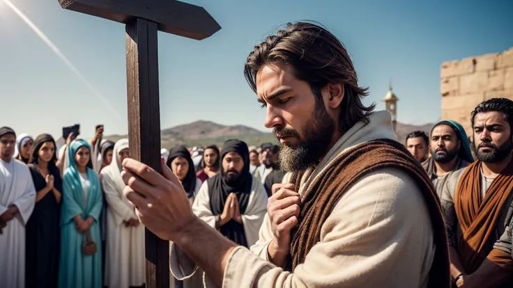 center image:



Paulo in two moments:stalker: Severe expression, Dark clothes, frown, holding stones/swords (simbolizando persecution).

apostle: serene face, white robes/clear, hands in prayer position, divine light around (symbolizing faith). Close up e...