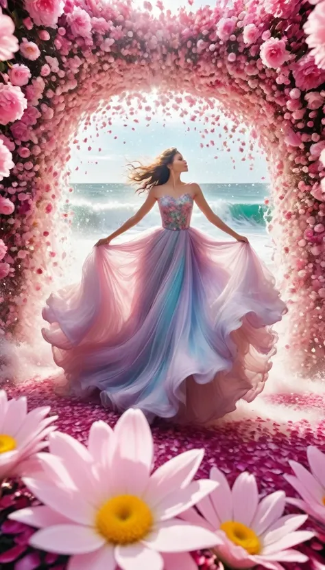 From below,best quality,32k,RAW photos,Ridiculous,Extremely detailed,Fine texture,A huge wave of flowers and petals was swallowed up,fantasy,fairy tale,Pastel colors,Motion Blur,Action route,