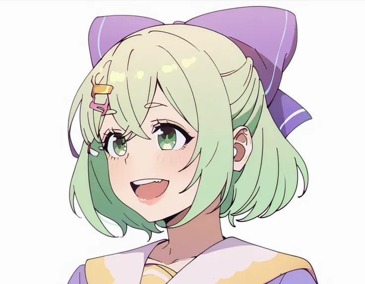 score_9, score_8_up, score_7_up, 1girl, short green hair, green eyes, purple bow headdress, hair clip, purple and yellow sailor ...