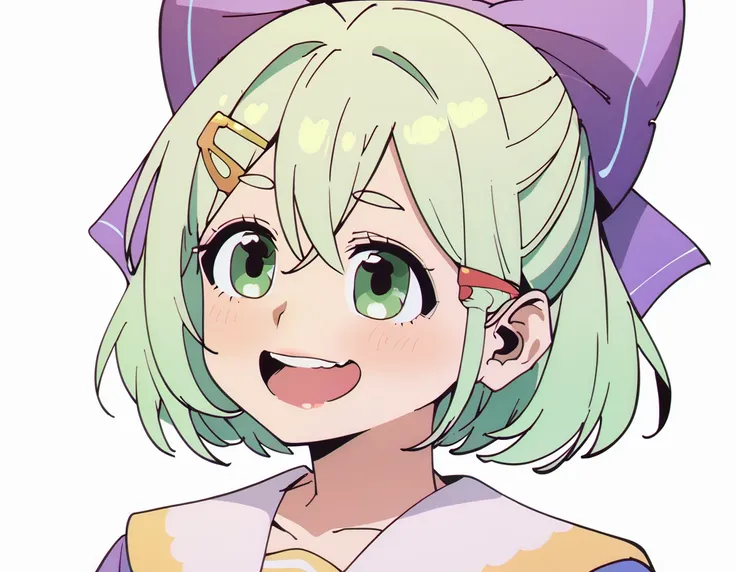 score_9, score_8_up, score_7_up, 1girl, short green hair, green eyes, purple bow headdress, hair clip, purple and yellow sailor ...