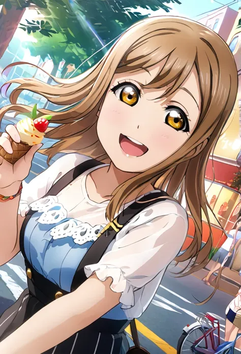 ultra-realism、one girl, long hair, smile, hanamaru kunikida、reach out、background street、ice cream in one hand