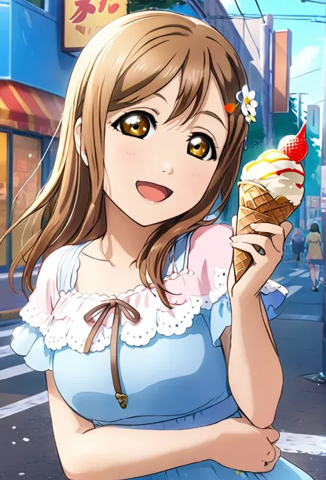 ultra-realism、one girl, long hair, smile, hanamaru kunikida、reach out、background street、ice cream in one hand