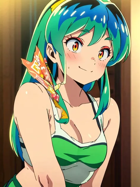 masterpiece, Highest quality, 1 Girl, Lum, Tank top, hot pants, Sweating, Wiping away sweat,anime, From before, blush, Embarrassing, Taking a break, Mature, 18-year-old, Smile, Tokyo, High definition, Green Hair, See-through