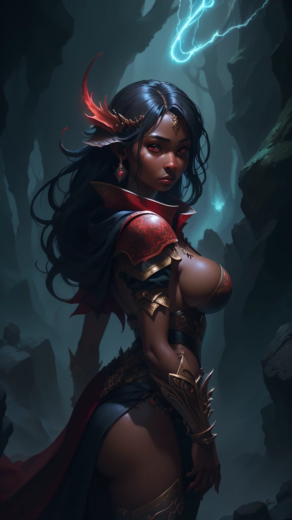 girl with big breasts, with exotic red clothing, dark ebony skin, round and big butt, Epic Fantasy Art Style HD, 4K fantasy art, epic fantasy digital art style, epic fantasy art style, Fantasy Woman, epic fantasy art portrait, Epic fantasy style, hyperreal...