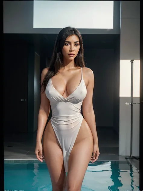 cinematic full body photography of kim kardashian in a gucci dress, standing in a futuristic minimalist open space with an infinity pool, white porch, and a panamera car in the background, foggy environment, fading sunset light, complementary color lavende...