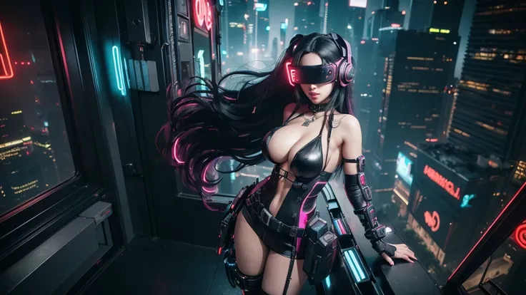 ((best quality)), ((masterpiece)), (detailed), (((perfect face))), (((hot chick young girl))), (((there is a cyberpunk night city in the background))), ((big  )), ((black and red sexy metal outfit)), (((detailed face))), perfect body, ((good anatomy)), (((...