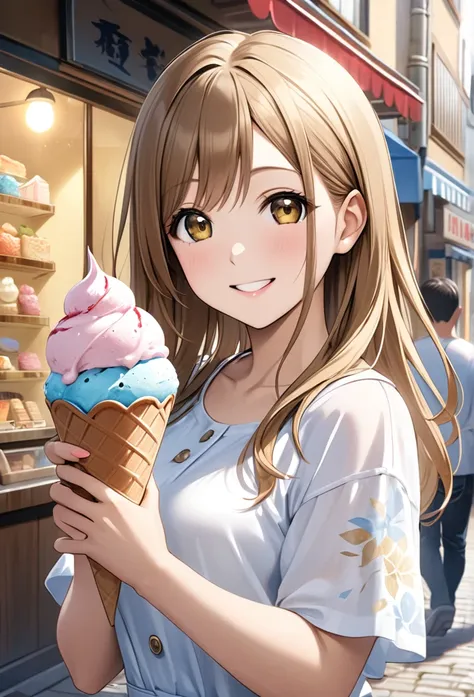 ultra-realism、one girl, long hair, smile, hanamaru kunikida、reach out、background street、ice cream in one hand