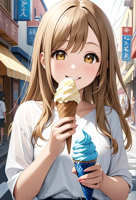 ultra-realism、one girl, long hair, smile, hanamaru kunikida、reach out、background street、ice cream in one hand