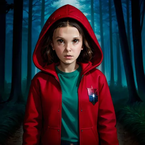 milli3 women , millie bobby brown , 1 girl wearing a red jacket and hood ,netflix , stranger things, eleven, in a dark forest , ...