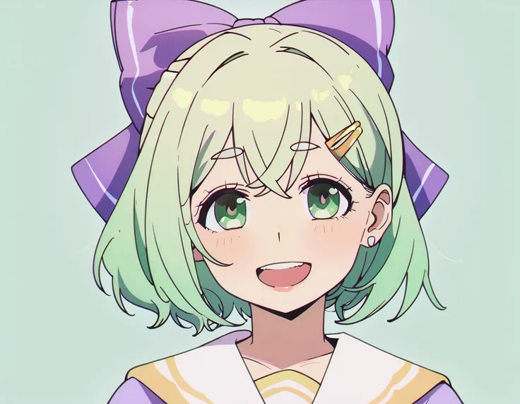 score_9, score_8_up, score_7_up, 1girl, short green hair, green eyes, purple bow headdress, hair clip, purple and yellow sailor ...