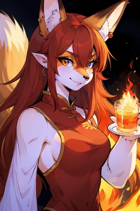 (fox_girl:1.2),beautiful figure,height 193 cm,fire spirit portrait, long flowing red hair, eye闪着红光,close_up, (fiery red chinese ...