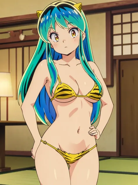 masterpiece, highest quality, 1 girl, lum, micro bikini, anime, charm, 18-year-old, sexy, blush, stand with your feet apart, han...